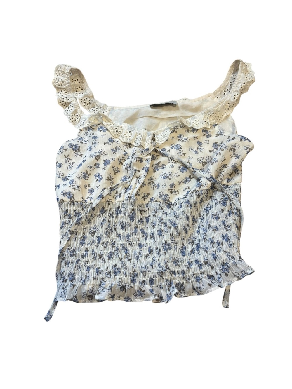 Paper Crane Cream and Blue Floral Smocked Camisole with Lace
